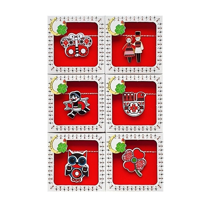 Set 6 martisoare, Martisor brosa trifoi, gainusa, bufnita, fluture, cosar, artizani, din material plastic in cutiuta din carton