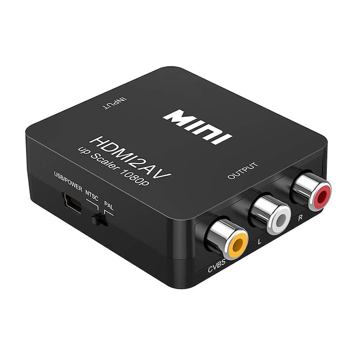 TechONE HDMI-AV adapter, 1080p, Micro USB tápellátás, hang, PAL / NTSC, fekete