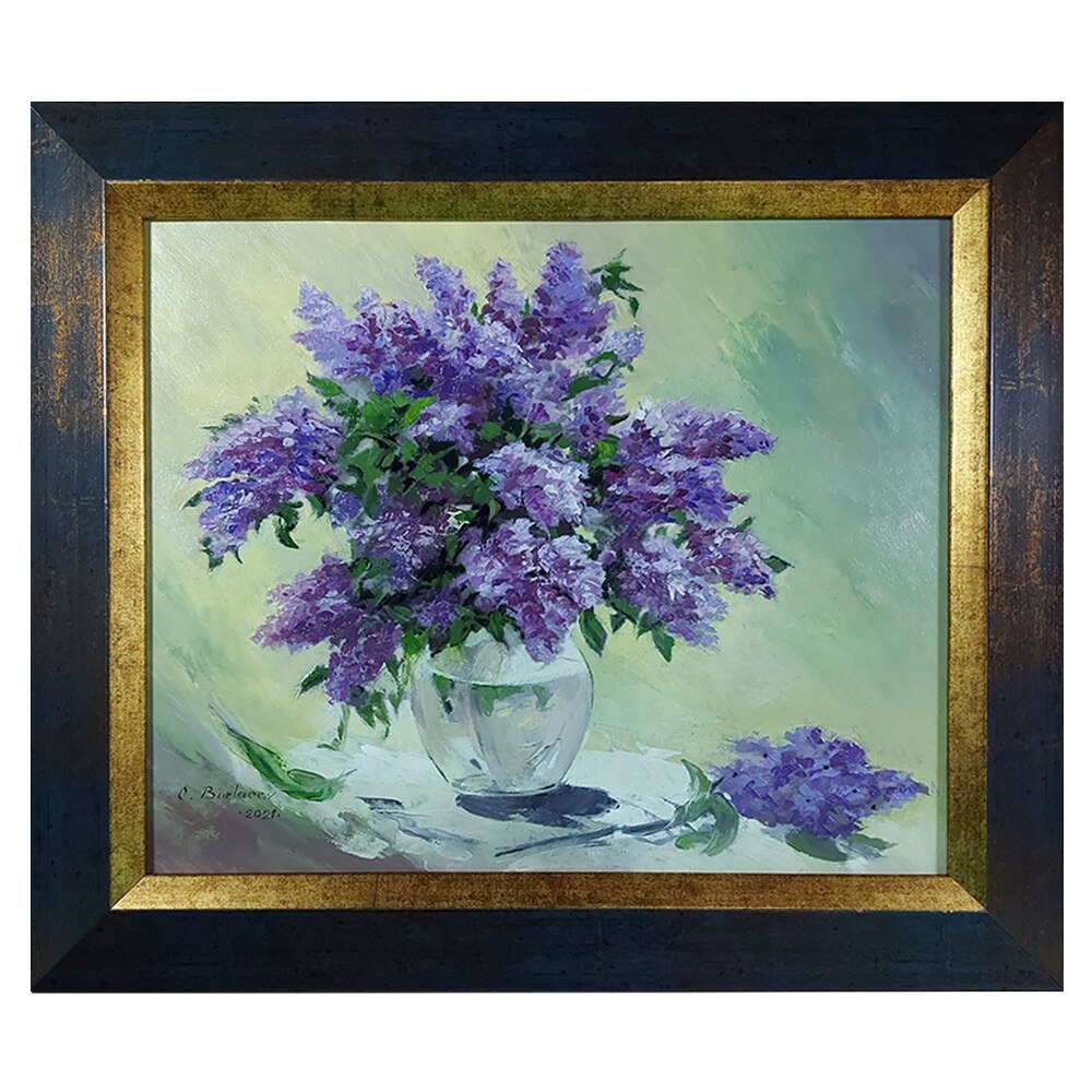 Tablou ArtDeco Liliac in bol de sticla, pictura in ulei pe panza caserata pe MDF, dimensiuni exterioare cu rama 39 cm lungime, 33cm latime si 2 cm grosime , compozitie proprie