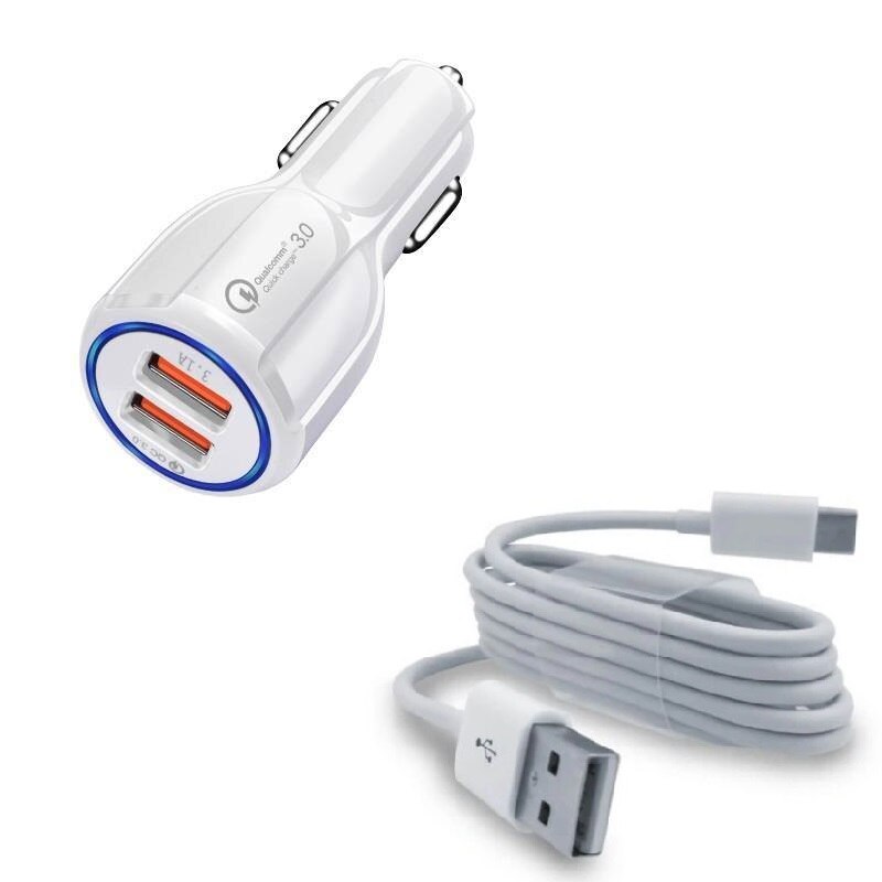 Incarcator auto Qualcomm 3.0, 2x USB, LED Blue, alb + cablu microUSB