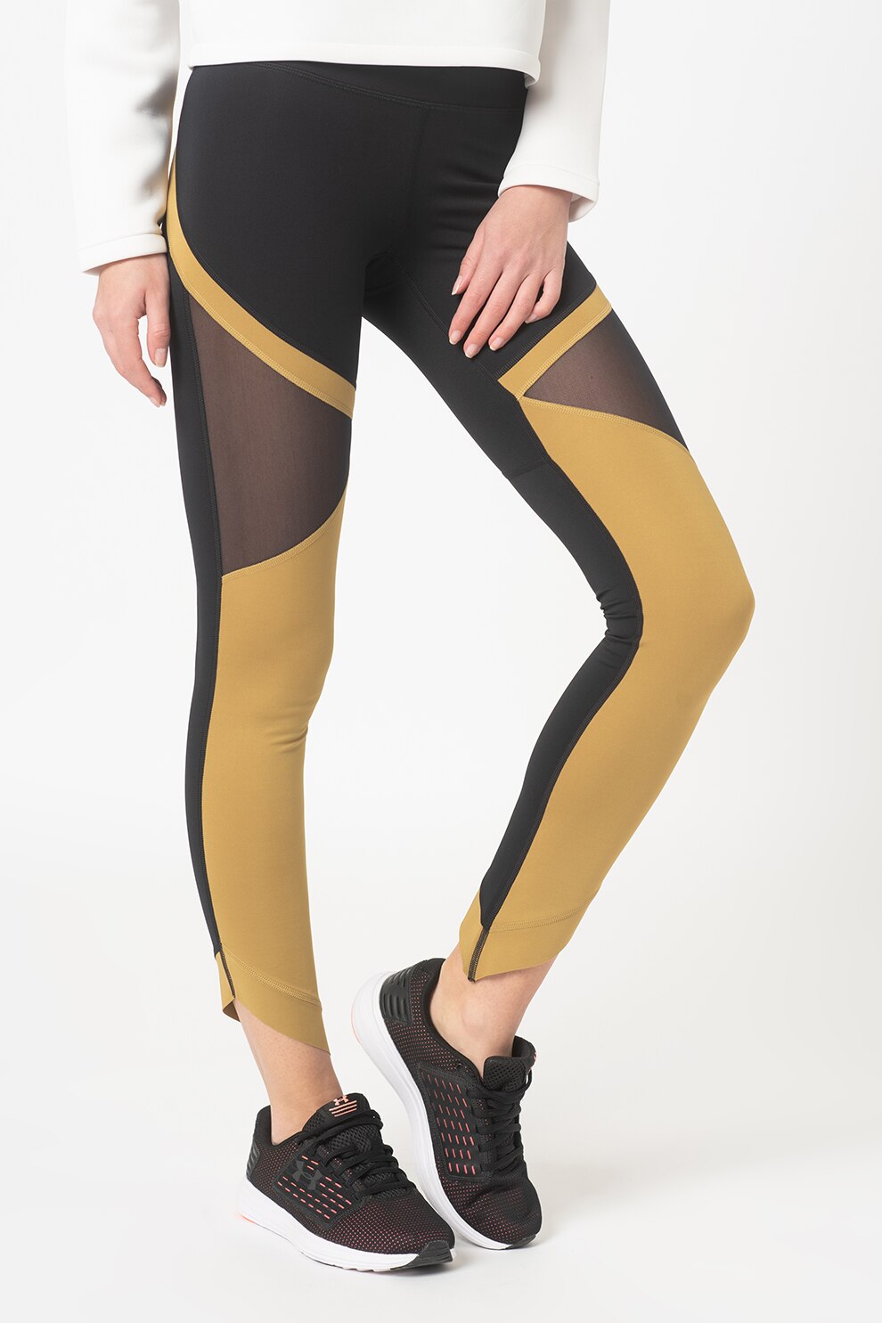 Under Armour, Colanti elastici cu terminatie asimetrica pentru fitness Misty Signature, Negru/Ocru, L