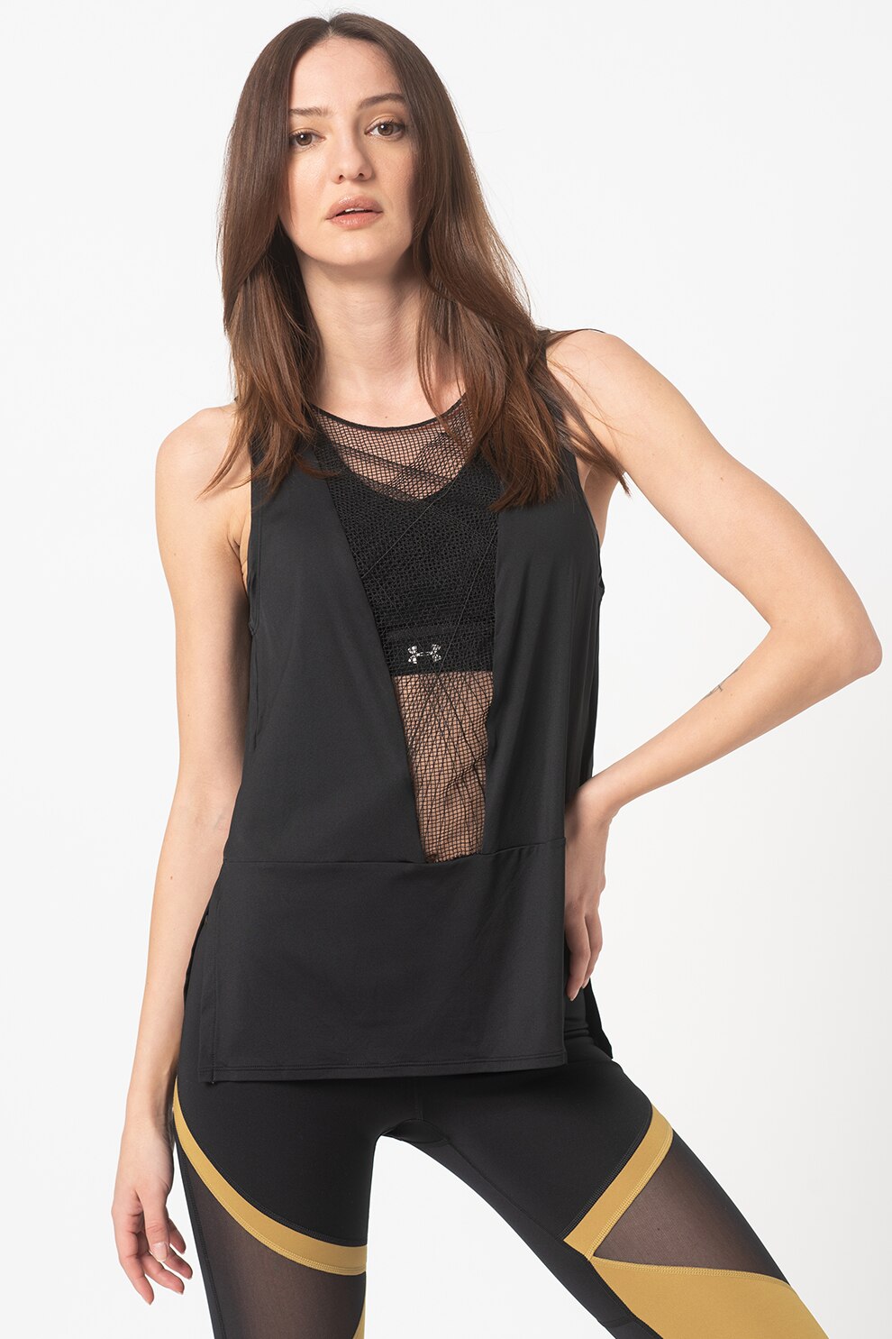 Under Armour, Top lejer cu insertie de plasa, pentru fitness Misty Signature, Negru