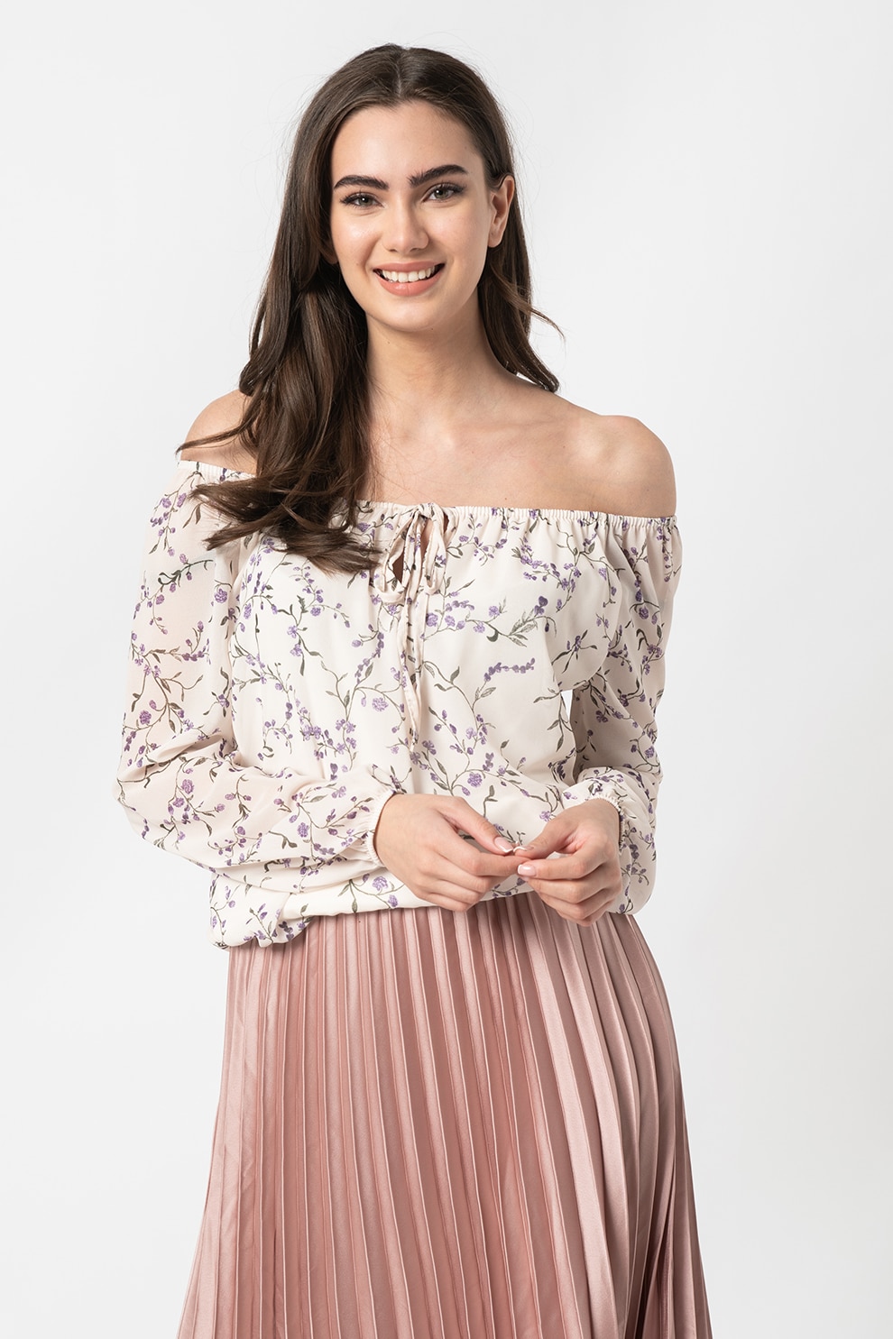 Haily's, Bluza cu decolteu pe umeri si model floral Cara, Crem/Verde/Violet, M