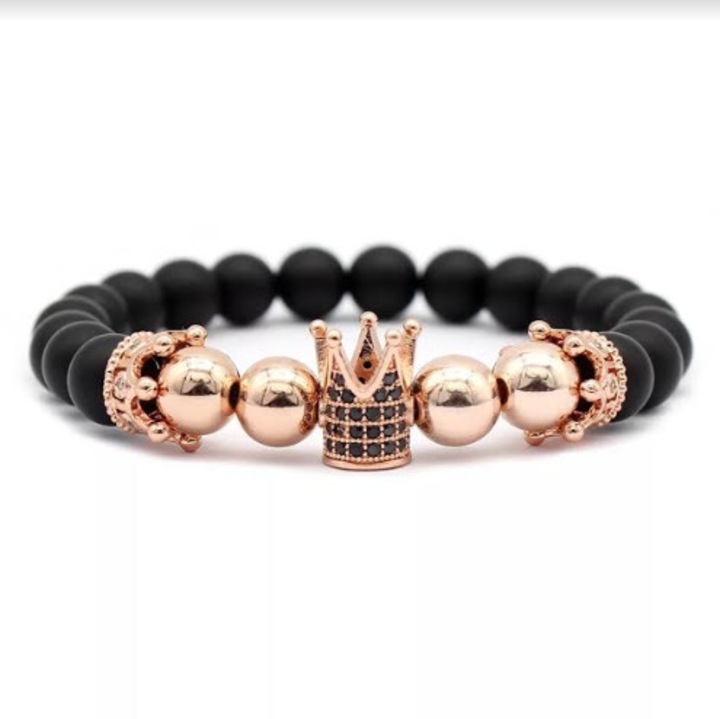 Bratara King, Coroana cu pietre Onix, Femei, Negru/Rose Gold