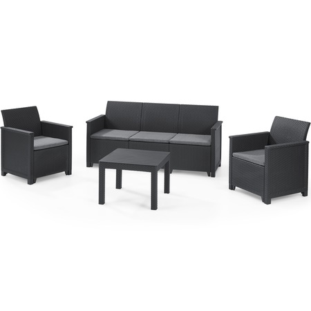 Set mobilier de gradina Keter Elodie cu canapea 3 locuri, 2 fotolii si masa clasica, aspect ratan, plastic, canapea: 65 x 163 x74 cm, fotoliu: 65 x 63 x 74 cm, masa 59 x 59 x 43 cm, gri antracit, perne incluse