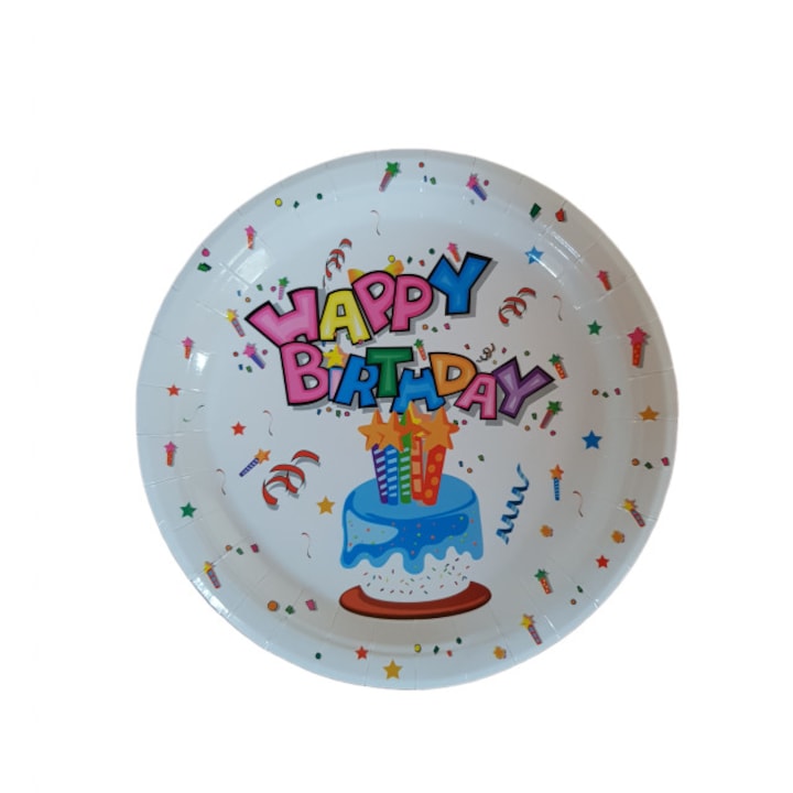 Set farfurii Happy Birthday din carton, 18 cm, 8 buc