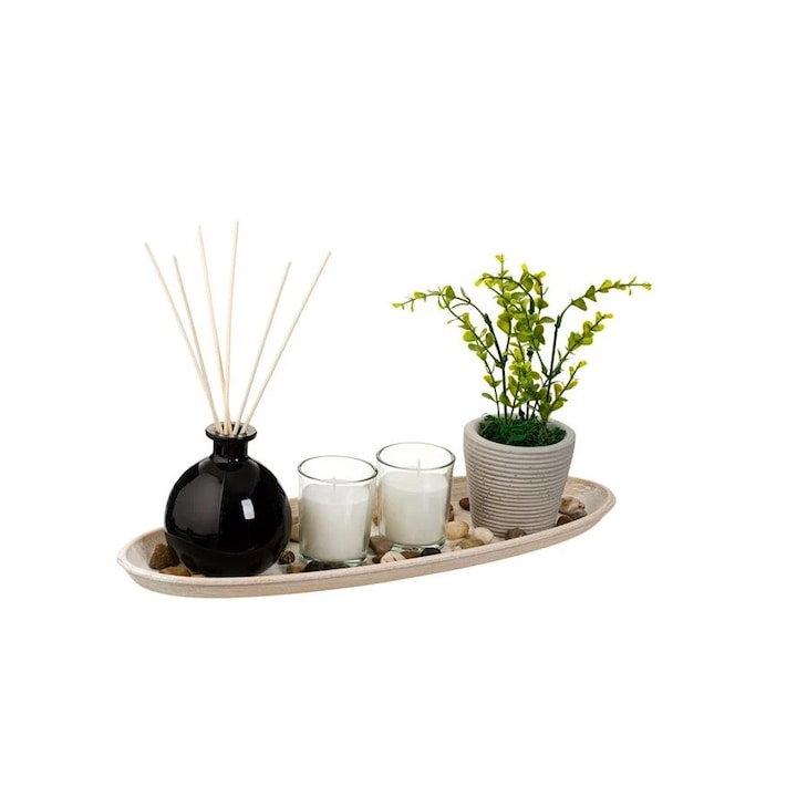 Set decorativ format din ghiveci ceramic si suport pentru lumanari si betisoare parfumate 