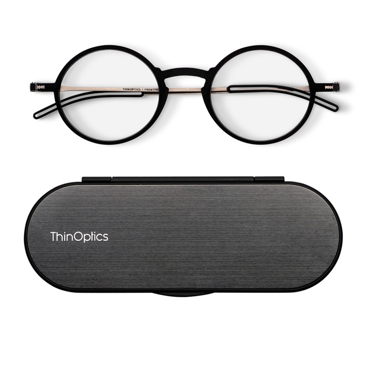 Комплект очила, за четене с магнитни слим калъфи, компютърна защита, с рамена, THINOPTICS, +2.00, ултра тънки, черни рамки Manhattan