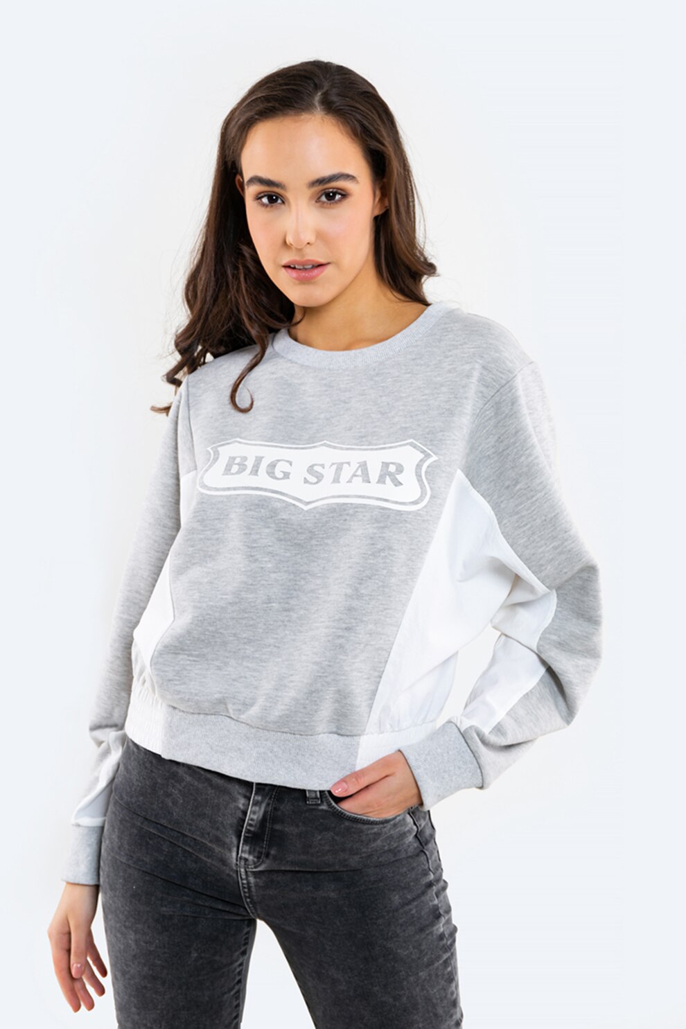 Big Star, Bluza sport cu decolteu la baza gatului si imprimeu logo, Gri