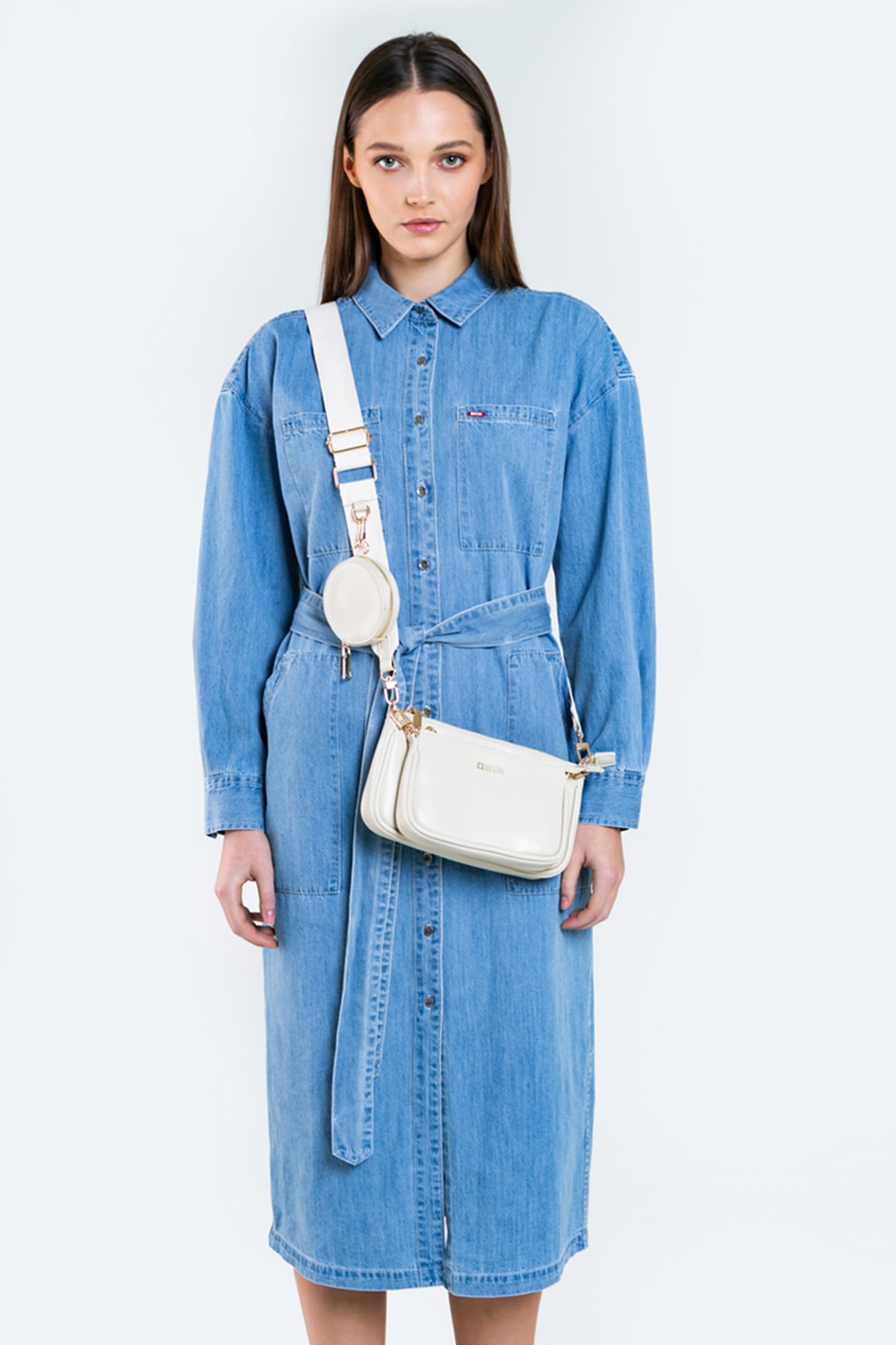 Big Star, Rochie midi tip camasa, din denim, Albastru lavanda