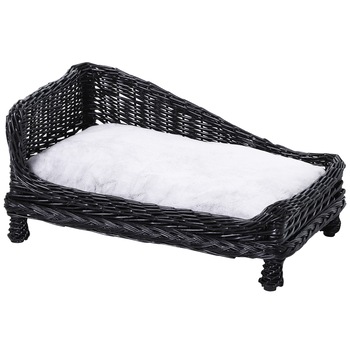 Canapea pentru caini/pisici PawHut Chaise Longue, Din rachita naturala si tesatura din fleece, Cu saltea, 69x42x33 cm, Negru Canapea pentru caini/pisici PawHut Chaise Longue, Din rachita naturala si tesatura din fleece, Cu saltea, 69x42x33 cm, Negru