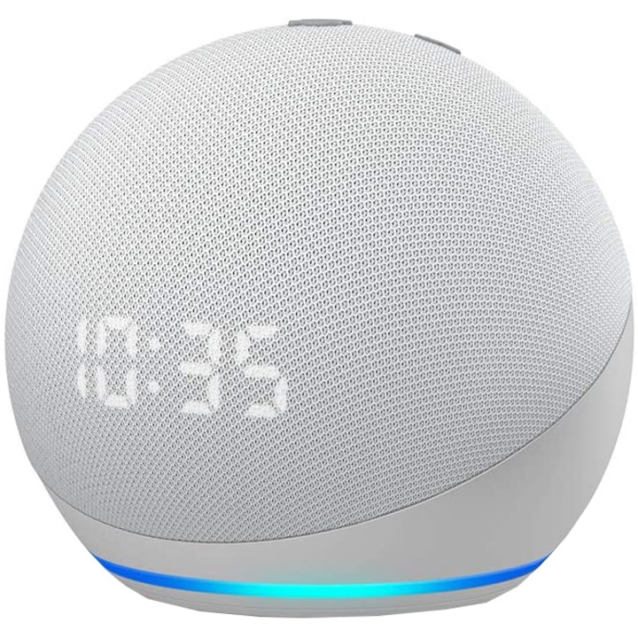 Интелигентна тонколона Amazon Echo Dot 4, С часовник, Гласов контрол Alexa, Wi-Fi, Bluetooth, Бял