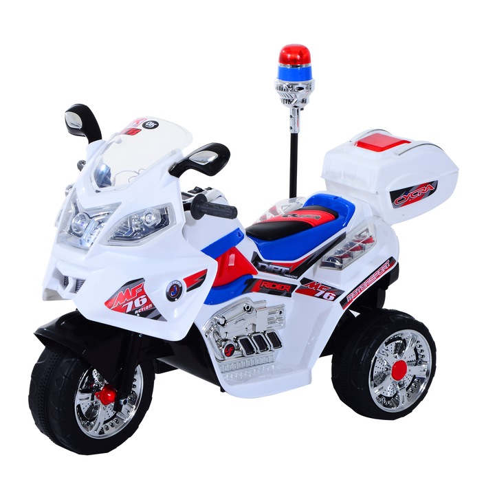 Motocicleta electrica pentru copii, Polipropilena si metal, 3 Roti, Muzica, Lumini, 112x51x72,5 cm, Alb