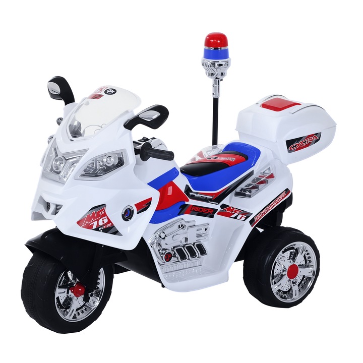 Motocicleta electrica pentru copii, Homcom, PP si metal, 3 Roti, Muzica, Lumini, 112x51x72,5 cm, Alb