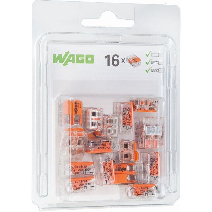 Универсален конектор WAGO 2 x 4mm2 прозрачен оранжев с лостчета, блистер 16 бр. 221-0412 / 0996-0016