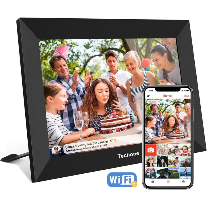 WIFI цифрова фото рамка Techone® ZN-DP1002, 10 инча, сензорен екран 800x1280 HD IPS, приложение Frameo, USB слот, SD карта, снимки/видео, високоговорител, черен