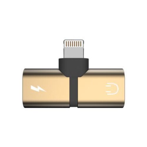 Mini Adaptor iUni compatibil cu Apple iPhone, Lightning Splitter, Dual port, Adaptor Casti, Adaptor incarcare, Gold