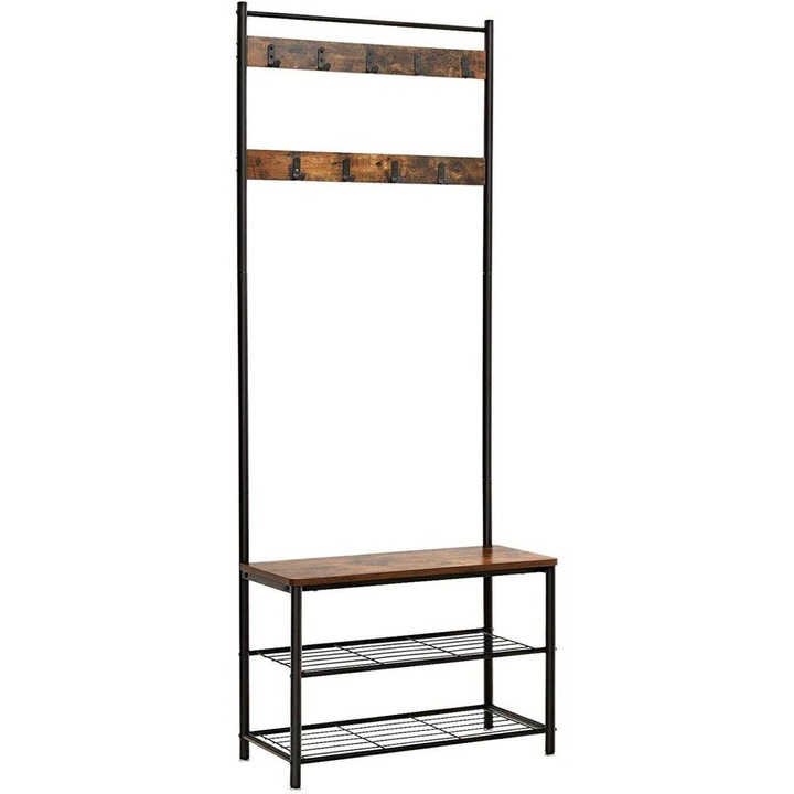 Vasagle Rusztikus Barna Masszív előszobai ruha és cipőtartó állvány, 175 x 70 x 32 cm