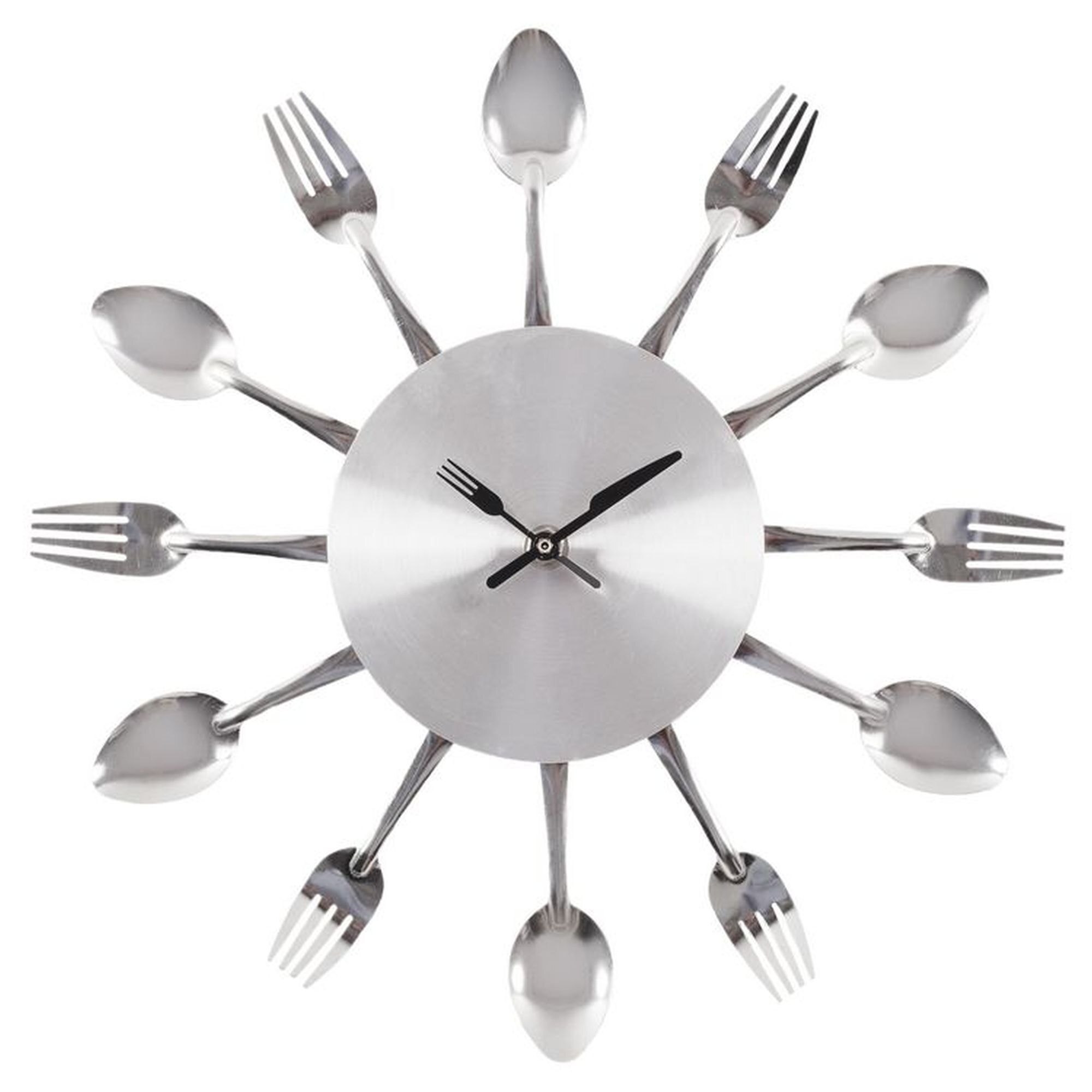 Ceas de perete,model atipic,cu tacamuri,de culoare metal,diametru 34 cm