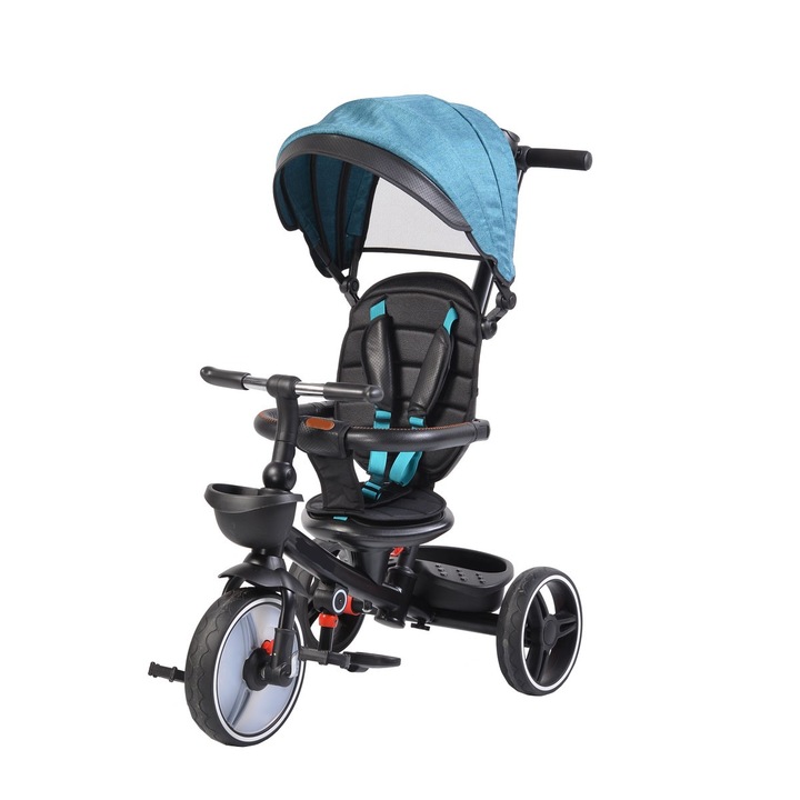 Сгъваема триколка със сенник NOVOKIDS™ Classico Trike, Педали и дръжка за родители, Реверсивна седалка с въртене на 360 градуса, Free Wheel функция, Метална рамка, Тюркоазено синьо