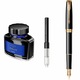 Set Parker Stilou Pix Sonnet Royal Black GT cu gravura laser inclusa, cutie duo, cu convertor montat, etui Leather Black, rezerva mina pix Quink Flow Blue, calimara cerneala si punga