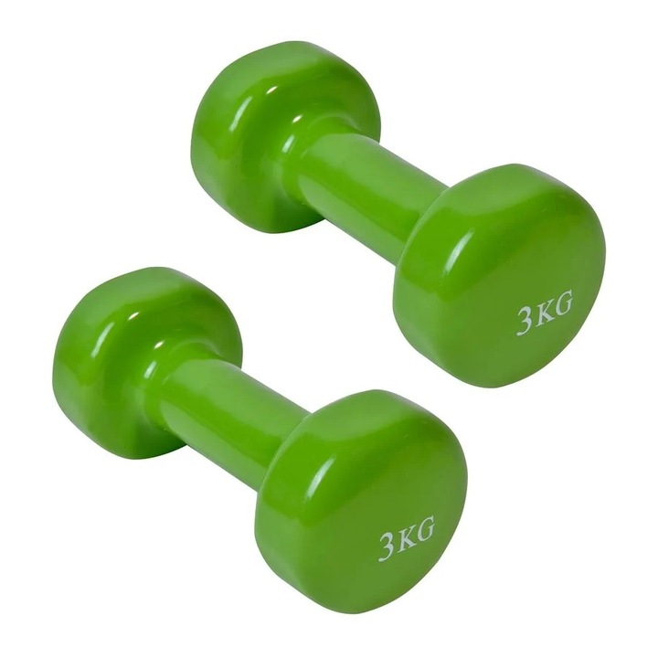 Set greutati fitness pentru antrenament tip gantera cu invelis cauciucat, 3 Kg, Verde, 18.1 cm, 2 piese