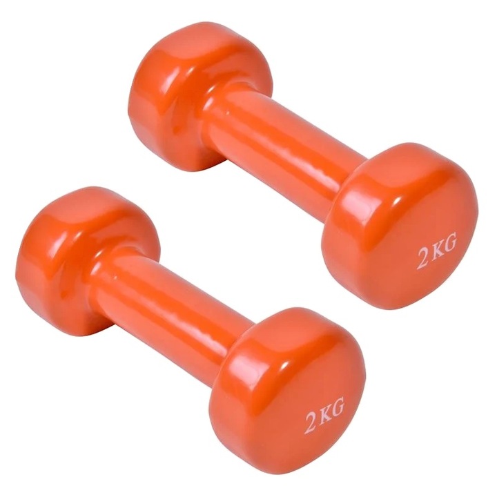 Set greutati fitness pentru antrenament tip gantera cu invelis cauciucat, 2 Kg, Orange, 17.1 cm, 2 piese