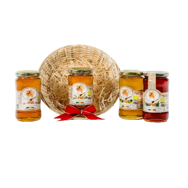Cos cadou BIO 5, Fagurele Auriu, 4 tipuri de miere ECO, 400 g