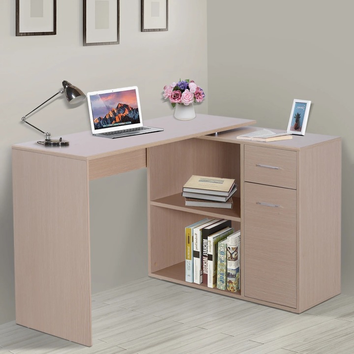 Homcom Sarokasztal polcokkal és fiókokkal, PAL, 117x82x74 cm, bézs
