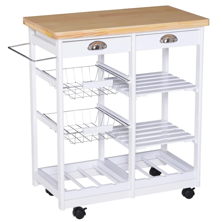 Кухненска количка Homcom на колела, Борова дървесина / MDF, 74 x 37 x 76 см, Бял