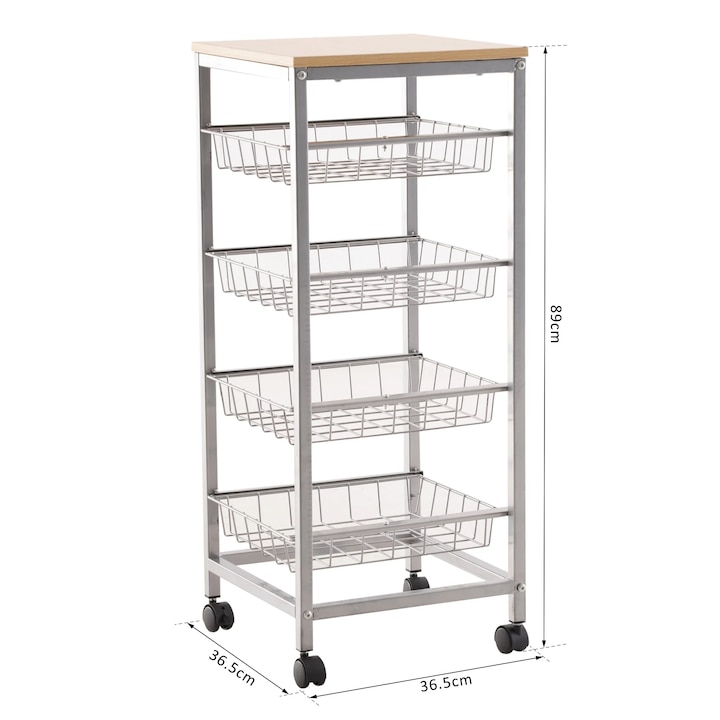Carucior de bucatarie pe roti Homcom, Lemn MDF/Otel, 36.5 x 36.5 x 89 cm, Argintiu