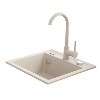 Pachet chiuveta granit cu baterie Kring, compozit granit, 440x440mm, adancime 170mm, montare pe blat, crem Pachet chiuveta granit cu baterie Kring, compozit granit, 440x440mm, adancime 170mm, montare pe blat, crem