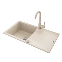 Pachet chiuveta bucatarie granit cu scurgator si baterie Kring, compozit granit, 780x440mm, adancime 170mm, reversibila, montare pe blat, crem