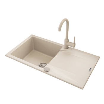 Pachet chiuveta granit cu scurgator si baterie Kring, compozit granit, 780x440mm, adancime 170mm, reversibila, montare pe blat, crem Pachet chiuveta granit cu scurgator si baterie Kring, compozit granit, 780x440mm, adancime 170mm, reversibila, montare pe blat, crem