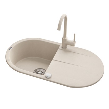 Pachet chiuveta granit scurgator si baterie Kring, compozit granit, 780x440mm, adancime 180mm, reversibila, montare pe blat, crem Pachet chiuveta granit scurgator si baterie Kring, compozit granit, 780x440mm, adancime 180mm, reversibila, montare pe blat, crem