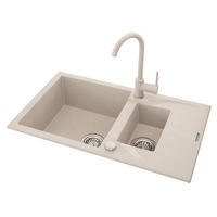 Pachet chiuveta bucatarie granit cu semiscurgator si baterie Kring, compozit granit, 780x490mm, adancime 180mm, reversibila, montare pe blat, crem