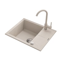 Pachet chiuveta bucatarie granit cu semiscurgator si baterie Kring, compozit granit, 590x490mm, adancime 180mm, reversibila, montare pe blat, crem