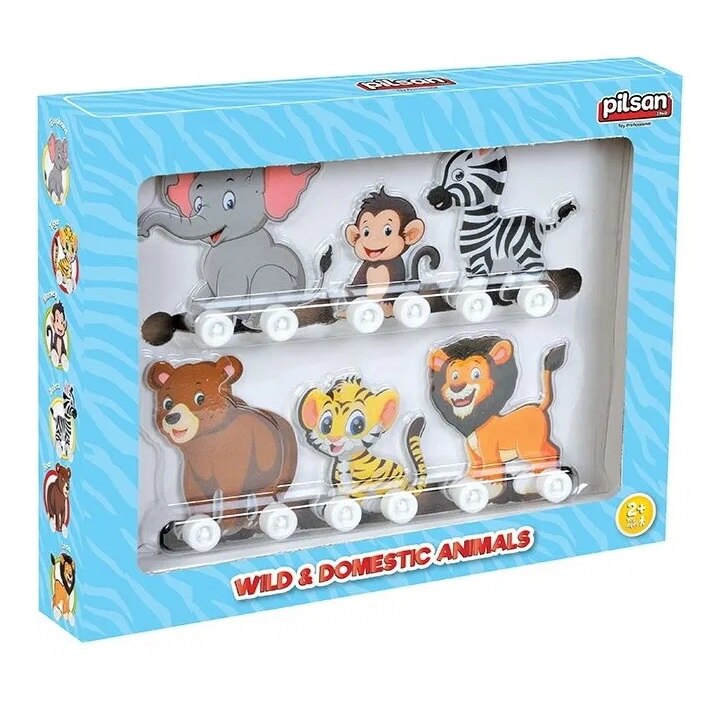 Jucarie Animale salbatice, Pilsan, cu roti, multicolor, + 2 ani