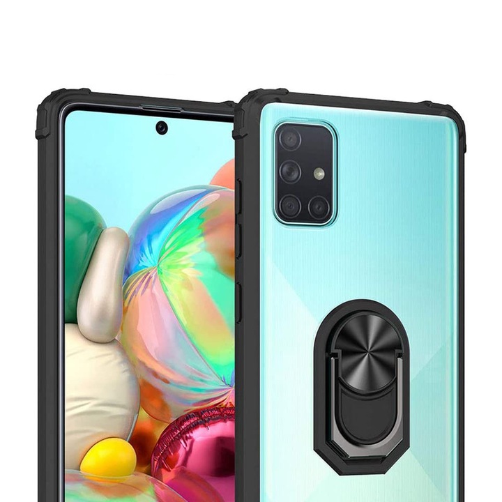Samsung Galaxy A51 tok, Hybrid Anti-Shock, lökhárítótok, 360 fokos forgógyűrű és kitámasztó, fekete