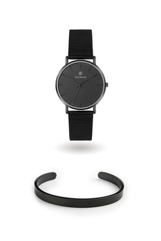 Paul McNeal, Set de ceas cu bratara cu model plasa si bratara rigida, fara inchidere - 2 piese, Negru Paul McNeal, Set de ceas cu bratara cu model plasa si bratara rigida, fara inchidere - 2 piese, Negru