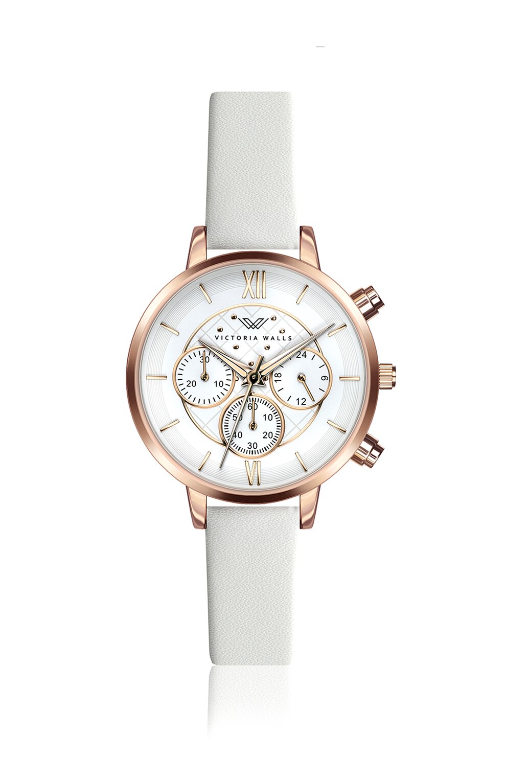 Victoria Walls, Ceas cronograf cu o curea de piele si detaliu logo, Alb/Auriu rose