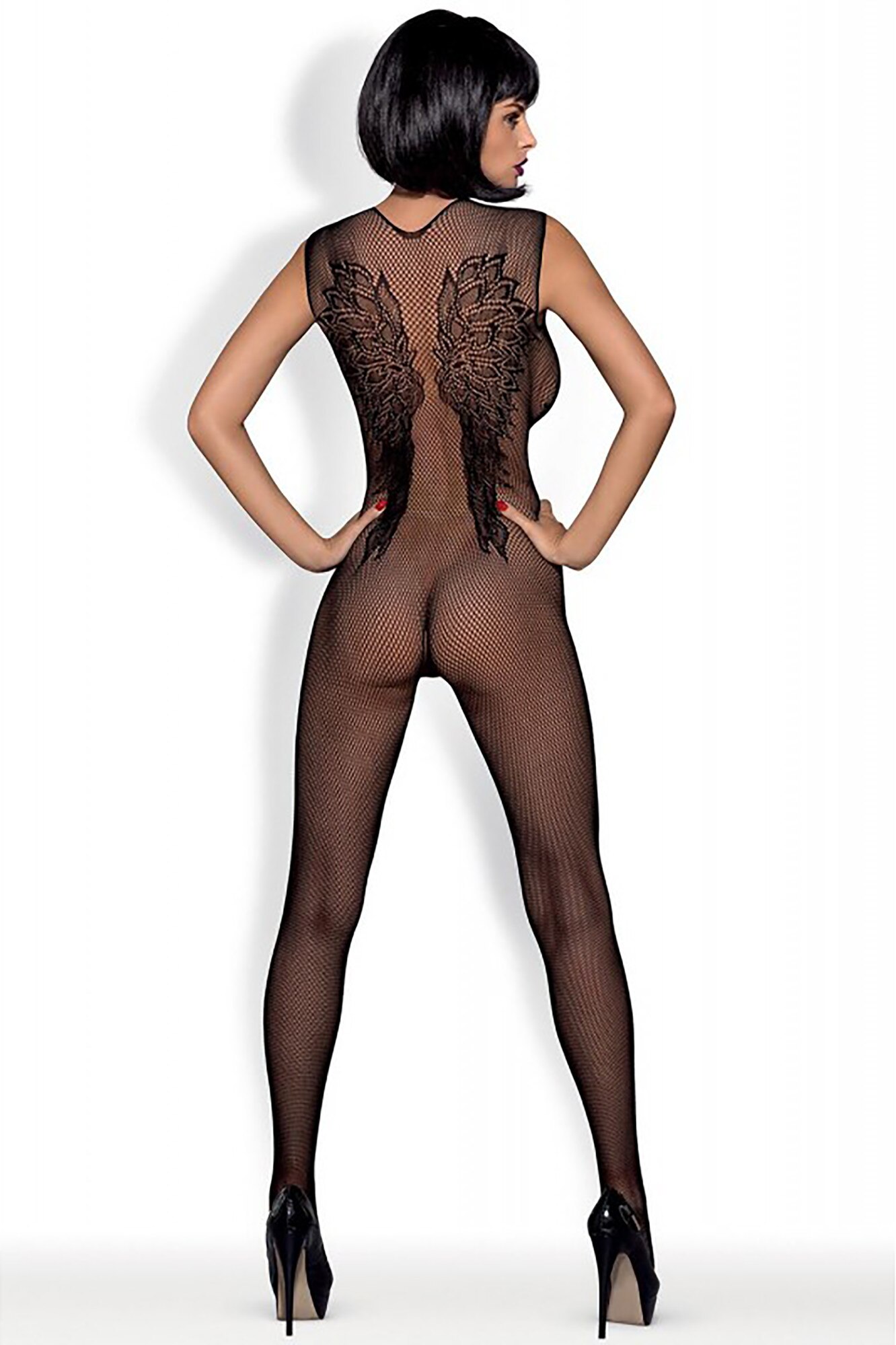 Costum negru din plasa cu aripi Obsessive, N112, Negru