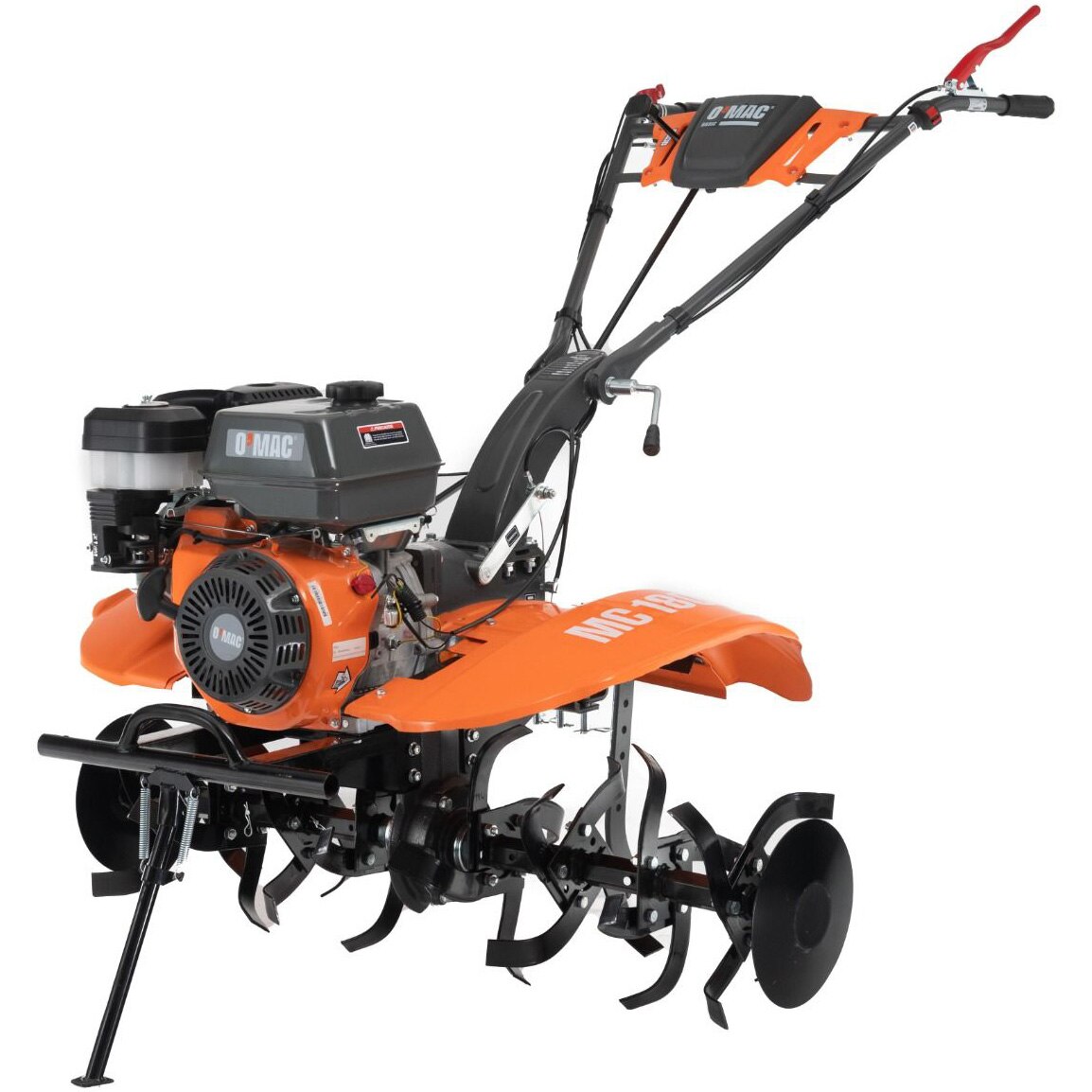 Motocultor O-Mac MC 180, 18 CP putere maxima, 460 CC, 3 viteze,priza de putere, 120 cm latime maxima lucru, 36 cm adancime maxima, 5.5 l benzina, freze, roti cauciuc, plug reglabil, roti metalice