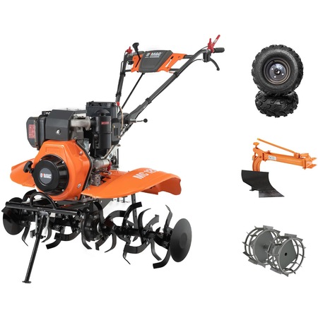 Motocultor diesel O-Mac MC 120E-D, putere 12 CP, 418 CC, 2+1 viteze, priza de putere, 120 cm latime lucru, 36 cm adancime lucru,contine: freze + roti cauciuc + plug reglabil + roti metalice