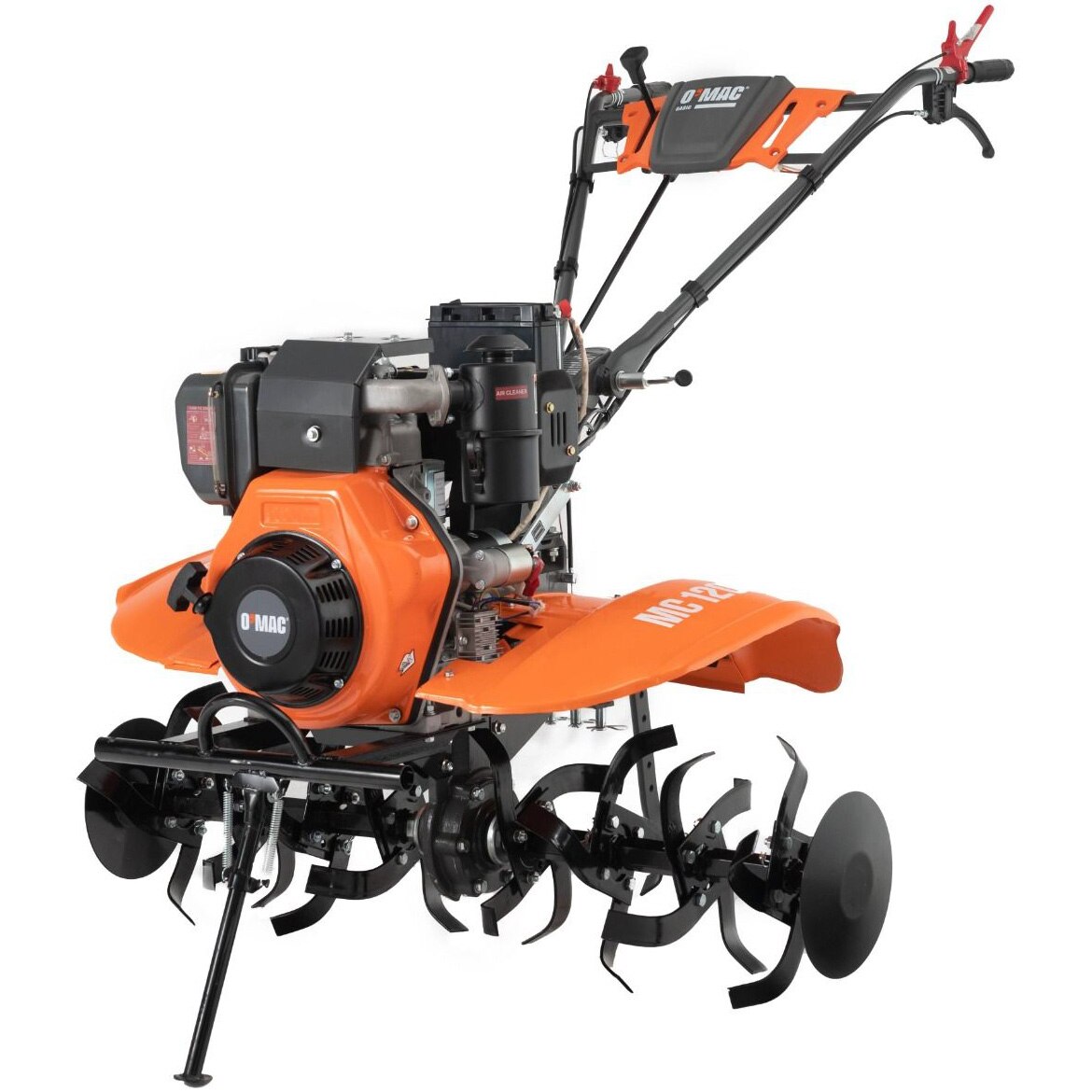 Motocultor O-Mac MC 120E-D, 12 CP putere maxima, 418 CC, 3 viteze, 120 cm latime maxima lucru, 36 cm adancime maxima lucru freza, 4.5 l diesel,priza de putere, freze, roti cauciuc, plug reglabil, roti metalice