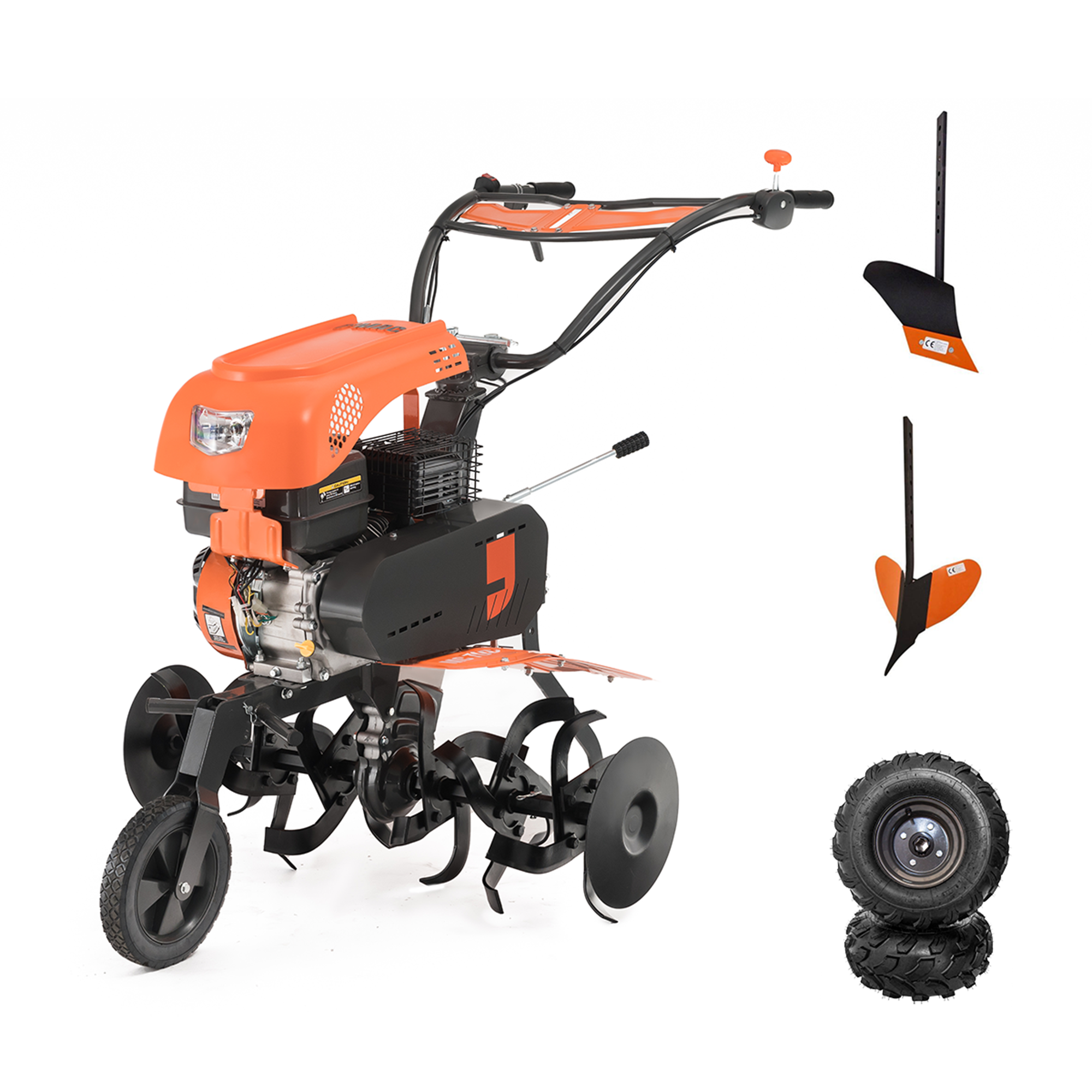 Motocultor O-Mac MC 700, 7 CP, 196 CC, 1 cilindru, 3 viteze, 90 cm latime maxima lucru, 35 cm adancime maxima lucru freza, 3.6 l benzina, roti cauciuc, plug, rarita