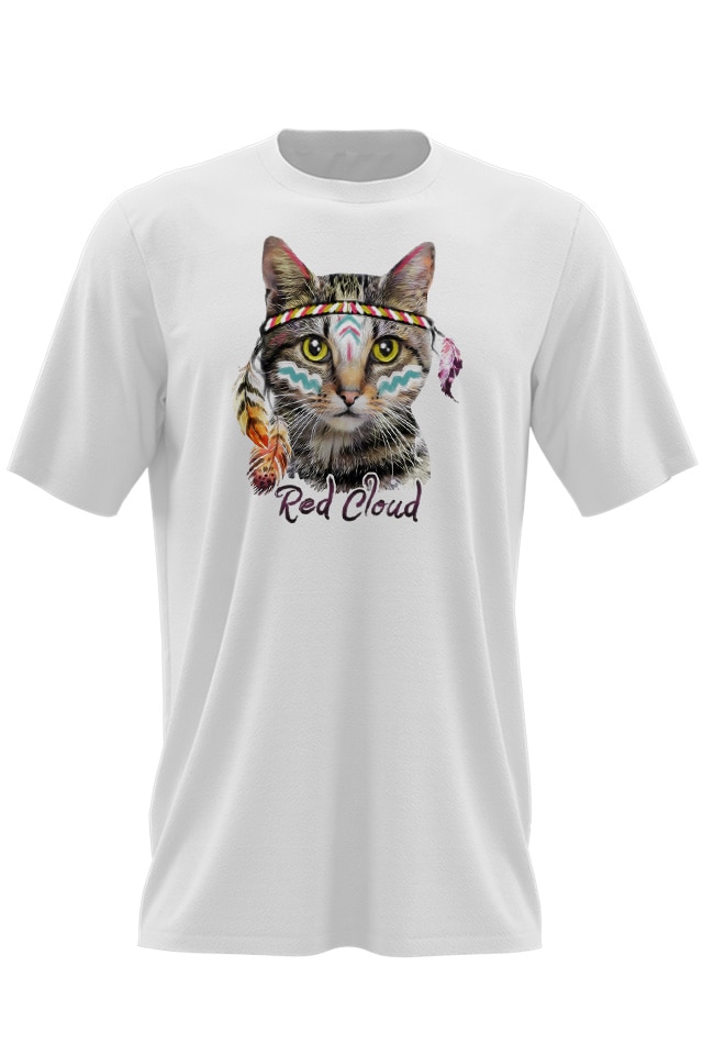 Tricou Alb Adulti Pisica Indiana Red Cloud cadou Dragobete iubit sot