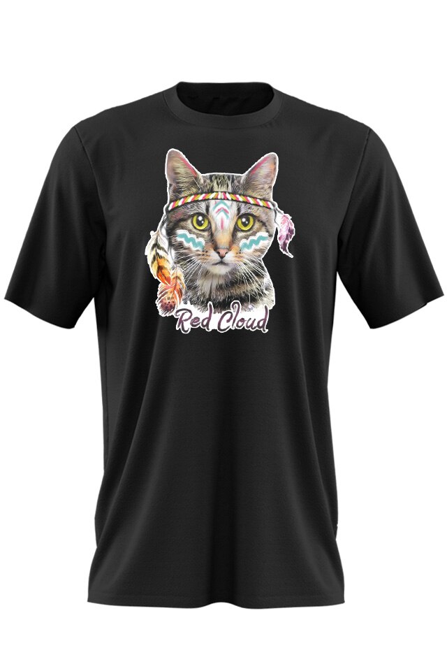 Tricou Negru Adulti Pisica Indiana Red Cloud cadou Dragobete iubit sot