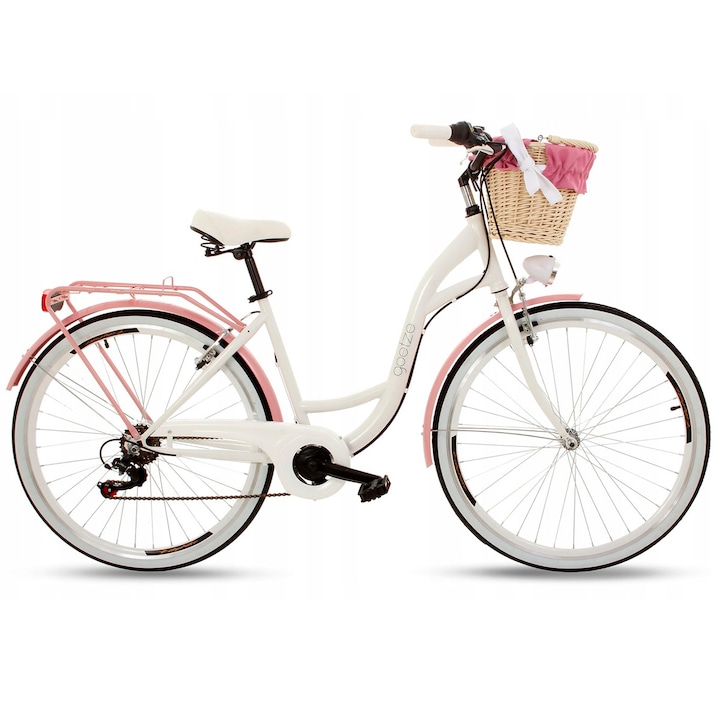 Goetze Mood női kerékpár, 7 sebességes, 28", fehér / rózsaszín, fonott kosár, LED lámpa