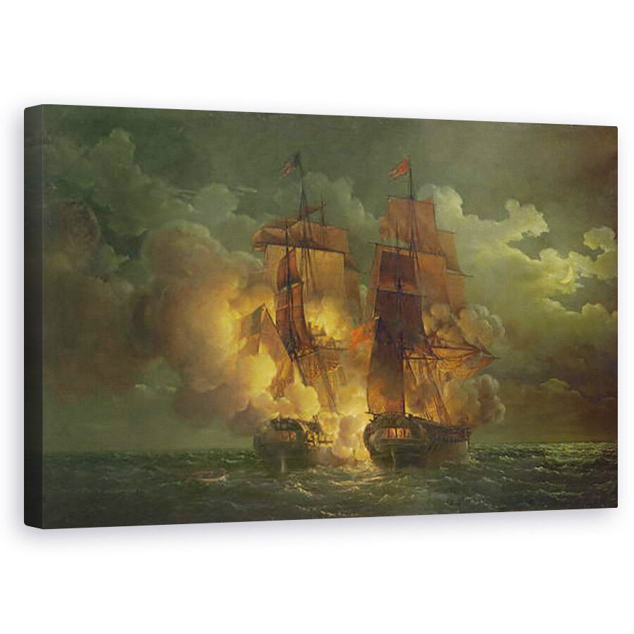 Tablou canvas - Louis Philippe Crepin - Lupta intre Fregata franceza Arethuse si engleza fregata Amelia in View of the Islands of Loz, 50 x 80 cm